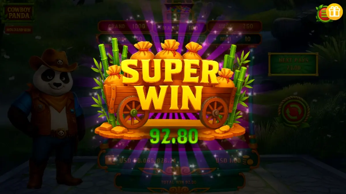 Cowboy Panda Hold & Spin slot machine interface com tema de Velho Oeste e panda