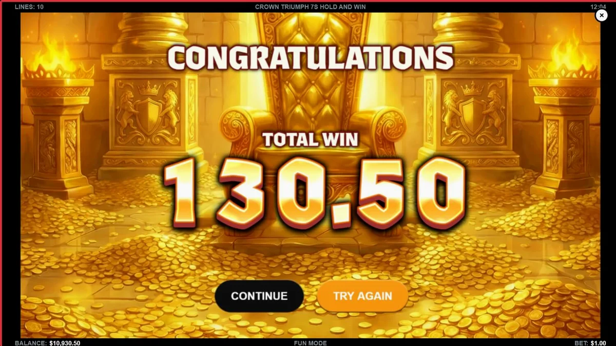 Uma imagem estilizada de uma coroa com símbolos de frutas e barras brilhantes sobre um fundo luxuoso, representando o slot Crown Triumph 7s Hold and Win.